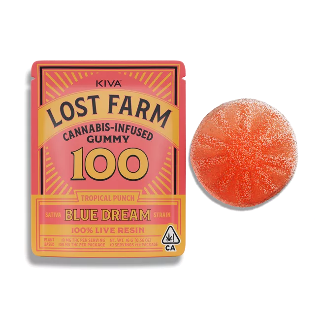Tropical Punch Blue Dream Gummies – 100mg THC Live Resin Tropical Punch Blue Dream Gummies 100mg pack with live resin label